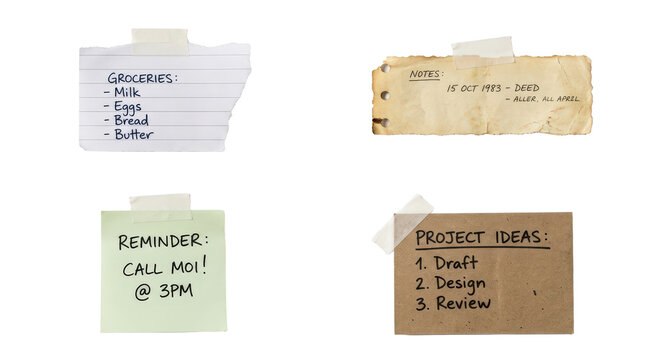 Set of various pinned paper notes and memo pads isolated on transparent background