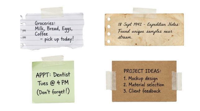 Assorted sticky notes, lined grocery list, and old notes isolated on transparent background