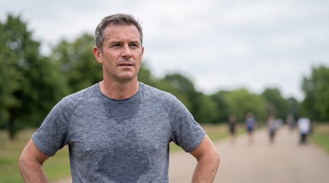 Resolute mature man pausing during outdoor run along urban park pathway