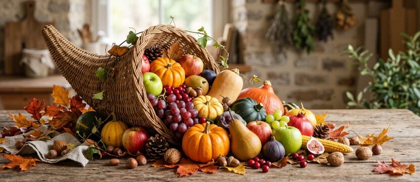 Woven cornucopia overflowing with autumn fruits and vegetables. Horn of plenty with pumpkins, apples and grapes on a wooden table. Seasonal equinox harvest and thanksgiving concept