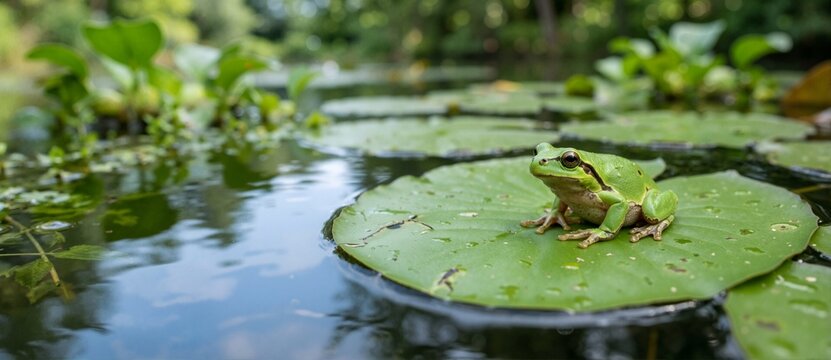 Green frog sitting on a floating lily pad in a pond. Amphibian in natural wetland habitat. World Animal Day wildlife conservation concept