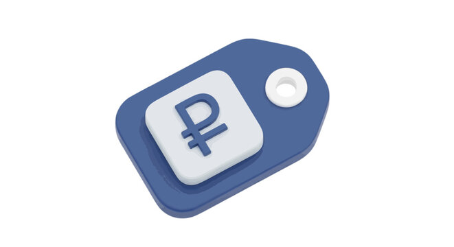 Vector illustration of 3d render of a blue price tag icon with a ruble symbol on a transparent background