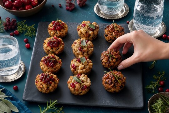 Hand reaching for a savory stuffing bite on a slate tray. Festive holiday appetizers with cranberries, pecans and herbs