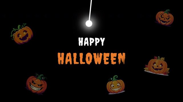 Happy Halloween animated text with floating cartoon jack o lanterns and a swinging glowing light on black background suitable for transparent alpha channel overlays