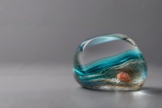 Glass artifact with blue wave and pink coral. Transparent resin sculpture on a grey background. Ocean wave paperweight and marine art concept
