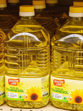 Bouton d'Or brand Huile de tournesol, bottles of sunflower oil on supermarket shelf