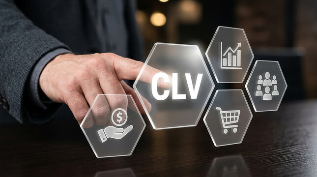 Customer Lifetime Value Icons: A businessman's hand interacts with a hexagonal interface displaying 'CLV' (Customer Lifetime Value) alongside icons representing growth, teamwork, shopping cart.