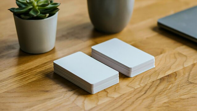 Blank business cards arranged on wooden office desk with plant and laptop