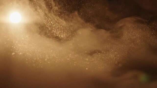 Dynamic Swirling Golden Particles and Warm Hazy Light Effect for Atmospheric Environment Video Backgrounds, Cinematic Visual Art, and Creative Project Footage