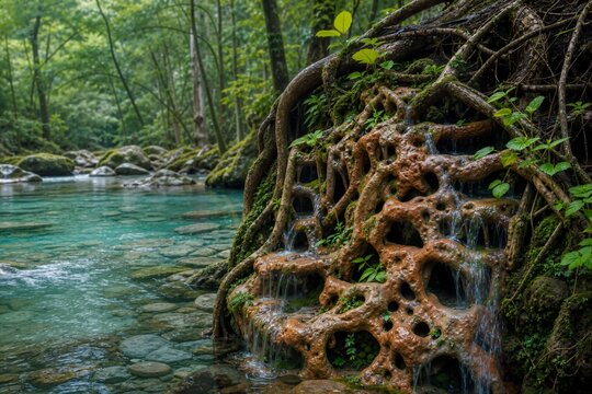 Natural porous rock and root formation with trickling water by a forest river. Organic stream guardian sculpture in a woodland ecosystem