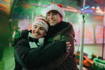 Fototapeta premium Two friends in Santa hats embrace and smile amid colorful carnival lights. A cozy holiday hug between smiling companions at an outdoor winter fair.