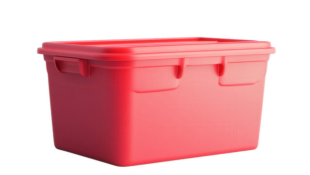 Red plastic storage bin container for organization with lid captured high on transparent background
