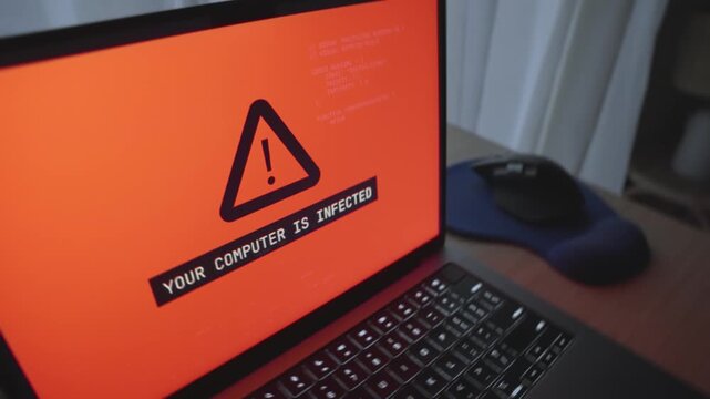 Laptop computer is infected by virus or illegal malware installed on pc. Red message alert displayed on screen. Glitch and pixelation as virus spreads into system. Hacker group or spy agency work
