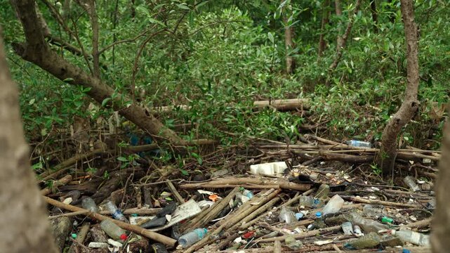 Plastic waste piled up in a forest. Highlighting the global waste crisis and environmental pollution. Waste separation, recycling, plastic reduction, climate change and sustainable living concept.
