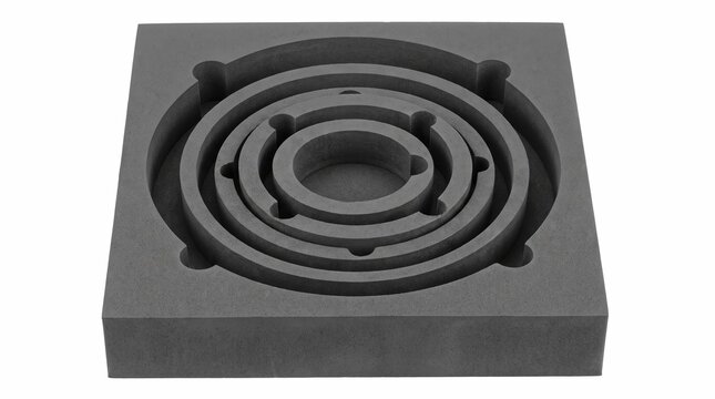 Grey protective foam insert with concentric circular cutouts designed for secure packaging of industrial components isolated on a white background