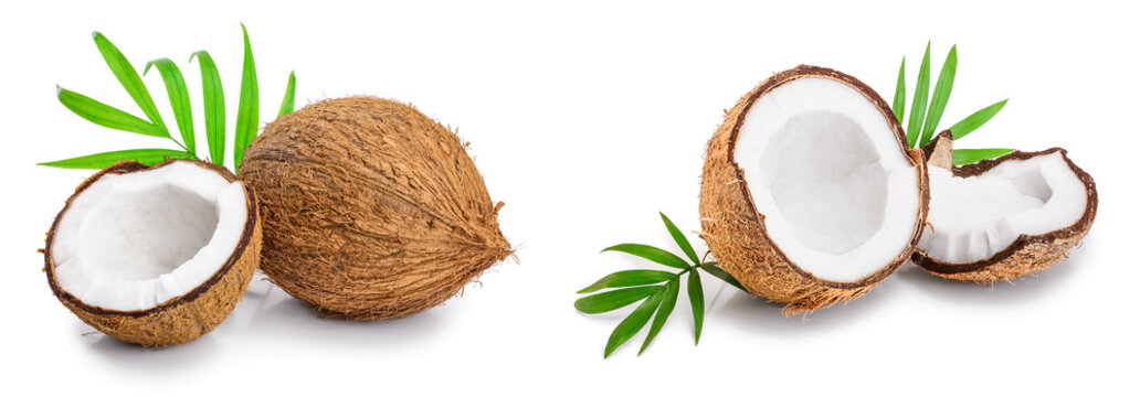 coconut with leaves isolated on white background