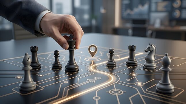 Businessman moves king chess piece on circuit board with map pin