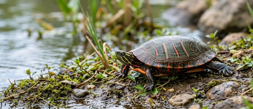Painted turtle resting on a muddy pond bank. Wild aquatic reptile with red and yellow stripes sitting near the water. Natural wetland habitat and wildlife banner