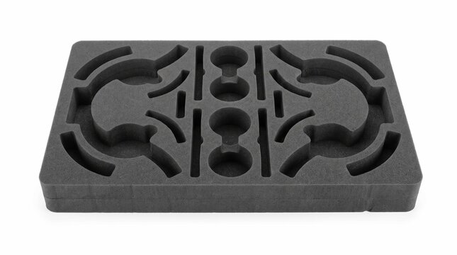 Grey foam protective insert for packaging featuring precise cutouts designed to hold equipment securely within a durable storage transport case