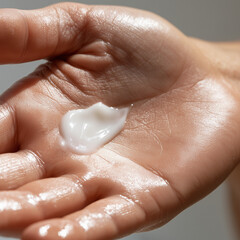 Fototapeta premium Macro shot of white moisturizing cream smear on glossy female palm, skincare cosmetics texture concept.