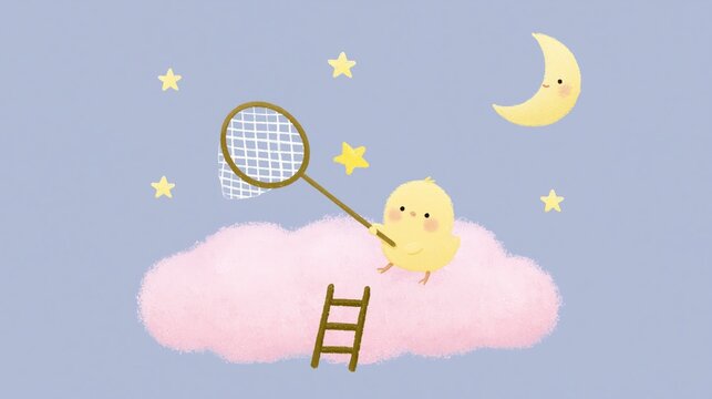 Curious yellow chick catching stars on a pink cloud expanding horizon and dreaming big in the night sky