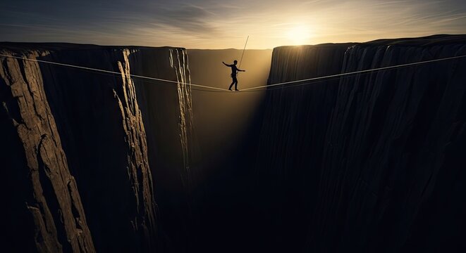 Tightrope walker balancing on a wire over a deep canyon.