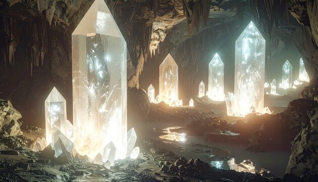 Glowing crystals in dark cave formation.
