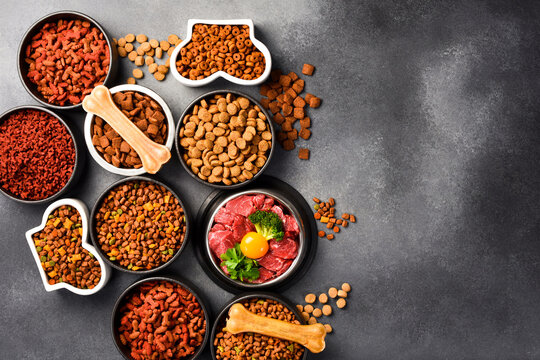 A set of dry food for dogs and cats. A type of nutritious food for pets. Banner.