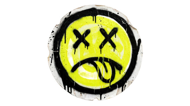 Grungy graffiti smiley face with dead eyes and tongue sticking out isolated on transparent background