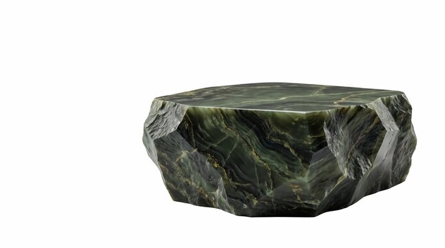 Polished dark green jade stone podium with natural marble texture isolated on white background for luxury product display presentation base