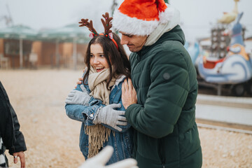 Fototapeta premium Young couple wearing festive headwear cuddles outdoors in cold weather. They laugh together near a carnival ride at a winter fair.