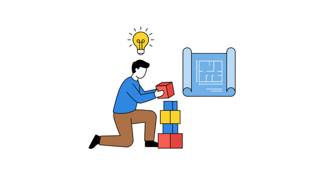 Person building tower of blocks with blueprint and lightbulb idea, flat design vector illustration