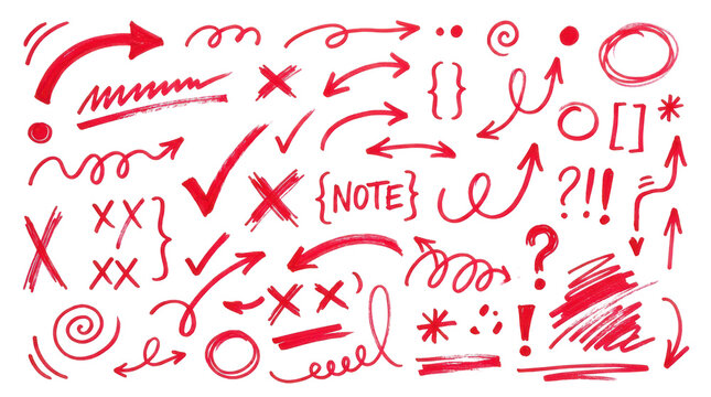 Collection of handdrawn red doodle elements including arrows, crosses, circles, and punctuation isolated on transparent background
