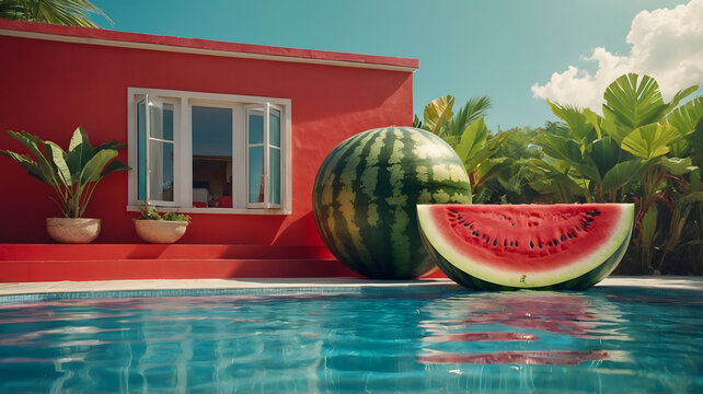 Surreal summer concept with giant watermelon next to red villa swimming pool