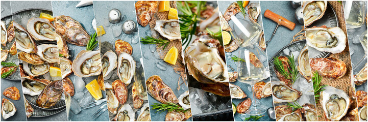 Photo collage. A lot of opened fresh oysters close-up. Healthy seafood. Gourmet and luxury food © Yaruniv-Studio