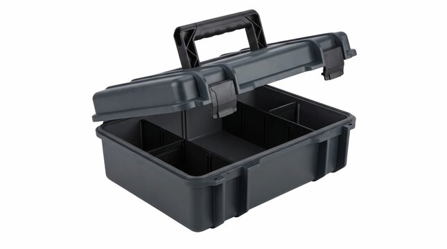 Durable black plastic utility toolbox with divided interior compartments designed for organized storage of small hardware tools and professional equipment