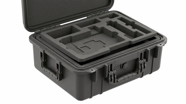 Empty black professional equipment carrying case with customizable foam inserts displayed from a high angle on a clean white background