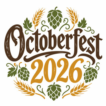 Rustic Octoberfest 2026 Typography with Hops and Barley Flat Vector Harvest Festival Design