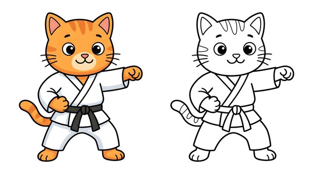 Cute Karate Cat Coloring Page for Kids