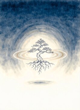 Floating bonsai tree with glowing roots and cosmic rings watercolor painting