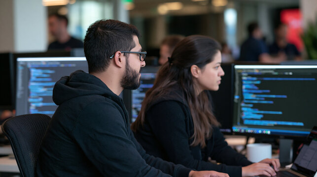 Software Developers Collaboration: Two software developers, a man and a woman, are intently focused on their computer screens, writing code in a modern office setting.