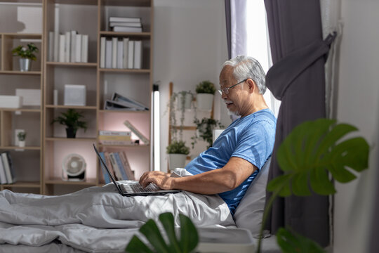 Relaxed focused Asian senior man with glasses typing laptop computer sitting comfortable bed bedroom interior home modern lifestyle online communication internet connection background plant book