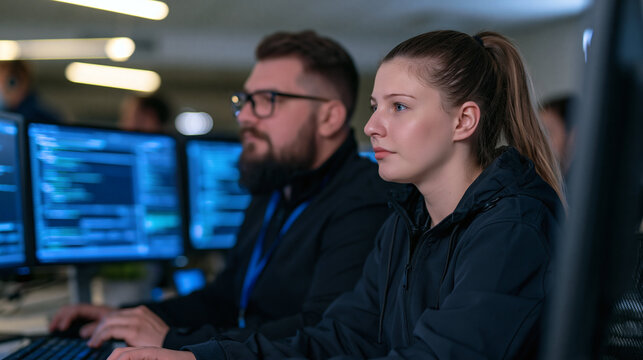 Coding Duo: Two focused individuals, a man and a woman, immersed in the world of technology, working together in a dimly lit office filled with computer screens displaying lines of code.