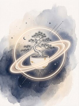 Glowing bonsai tree inside glowing ring orbit cosmic watercolor illustration