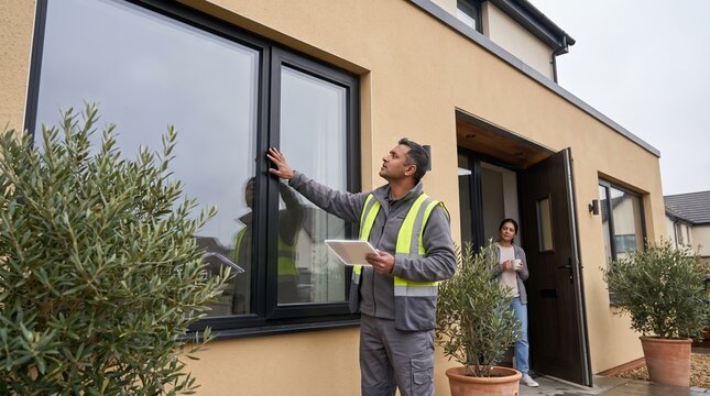 Energy consultant with a tablet checking the facade and windows of a family house