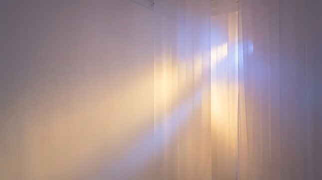 Sunlight rays through sheer white curtains on a blank wall in a minimalist room creating a peaceful morning atmosphere.