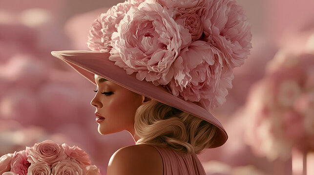 Elegant woman wearing large pink floral hat surrounded by soft pink peony flowers