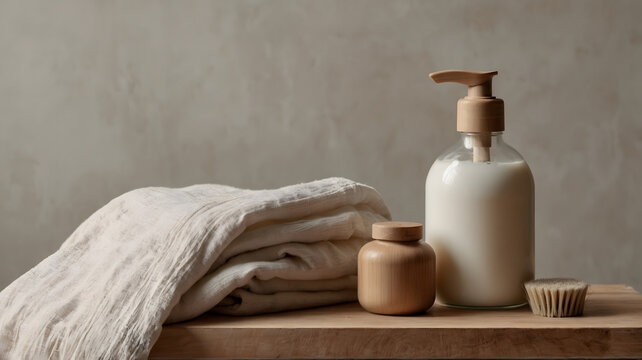 Minimalist bathroom backdrop with soap dispenser bottle and rolled beige towels