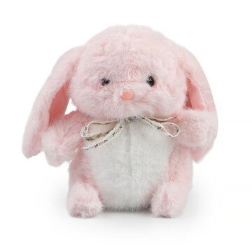 Professional studio product photography of a cute pink plush rabbit. Soft fluffy stuffed animal toy with a patterned ribbon bow tie for children nursery and online store catalog.