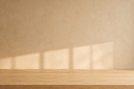 Minimal Beige Wall and Light Oak Table with Faint Window Shadows